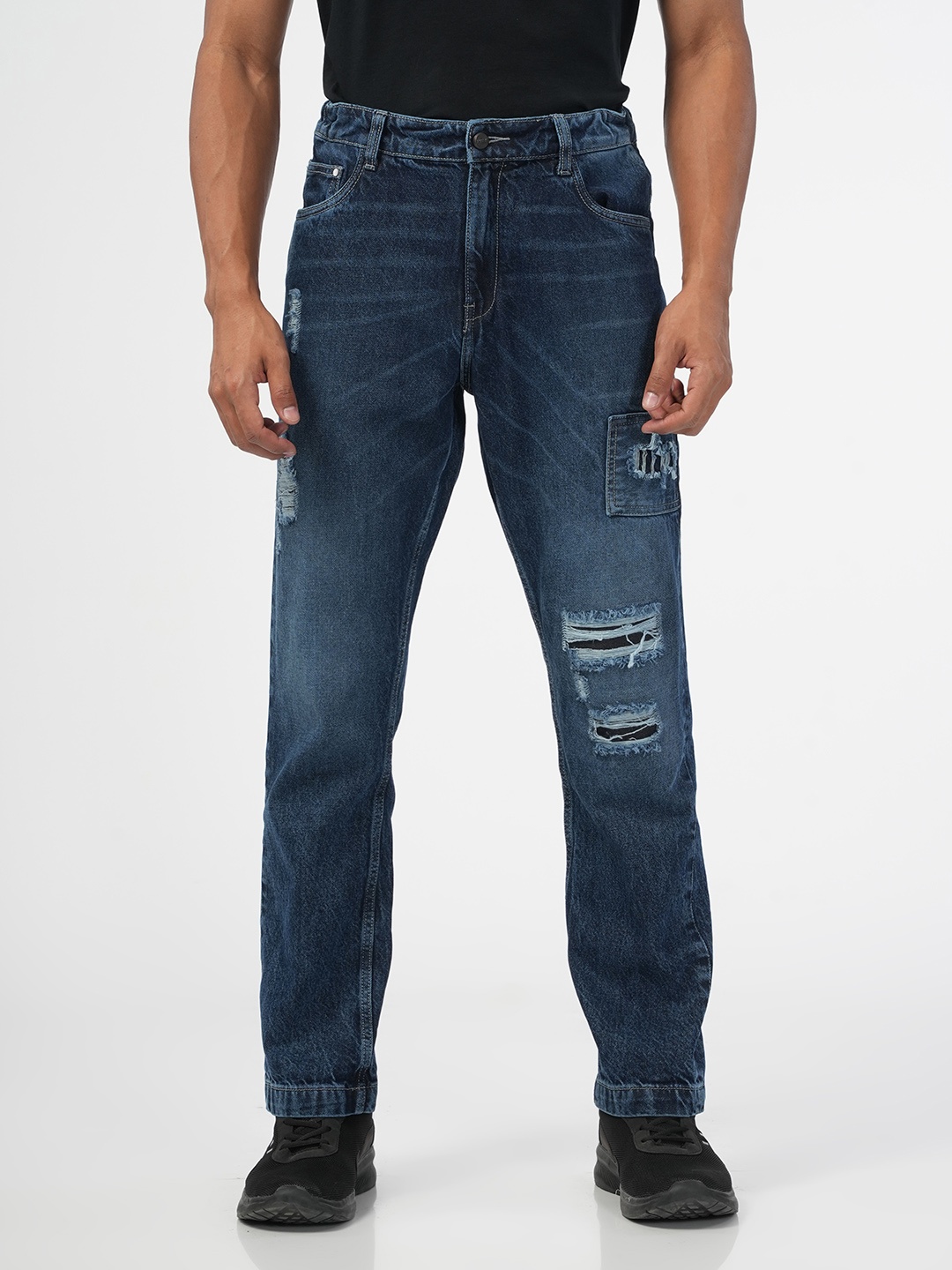 

NoBiY Men Mid-Rise Mildly Distressed Heavy Fade Pure Cotton Jeans, Navy blue