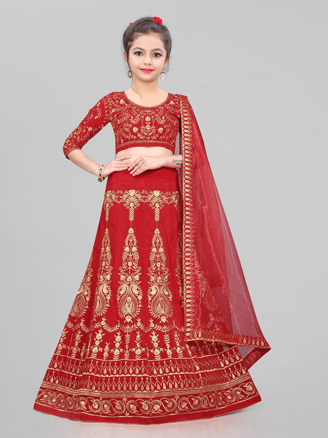 

BAESD Girls Embroidered Thread Work Semi-Stitched Lehenga & Unstitched Blouse With Dupatta, Red