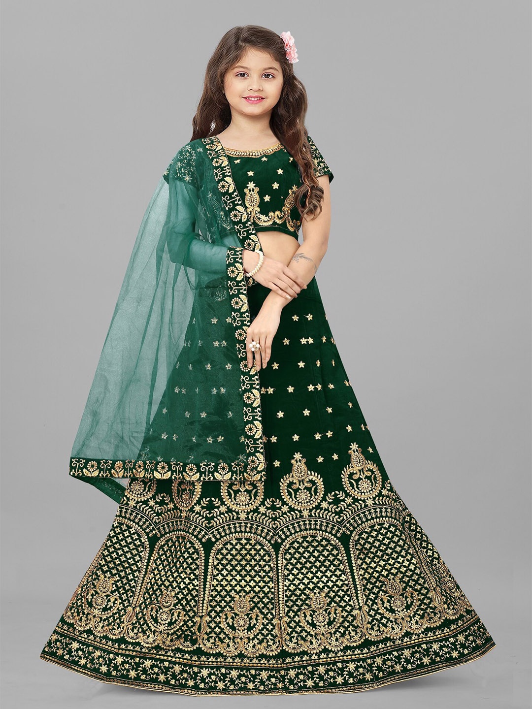 

BAESD Girls Embroidered Semi-Stitched Lehenga & Unstitched Blouse With Dupatta, Green