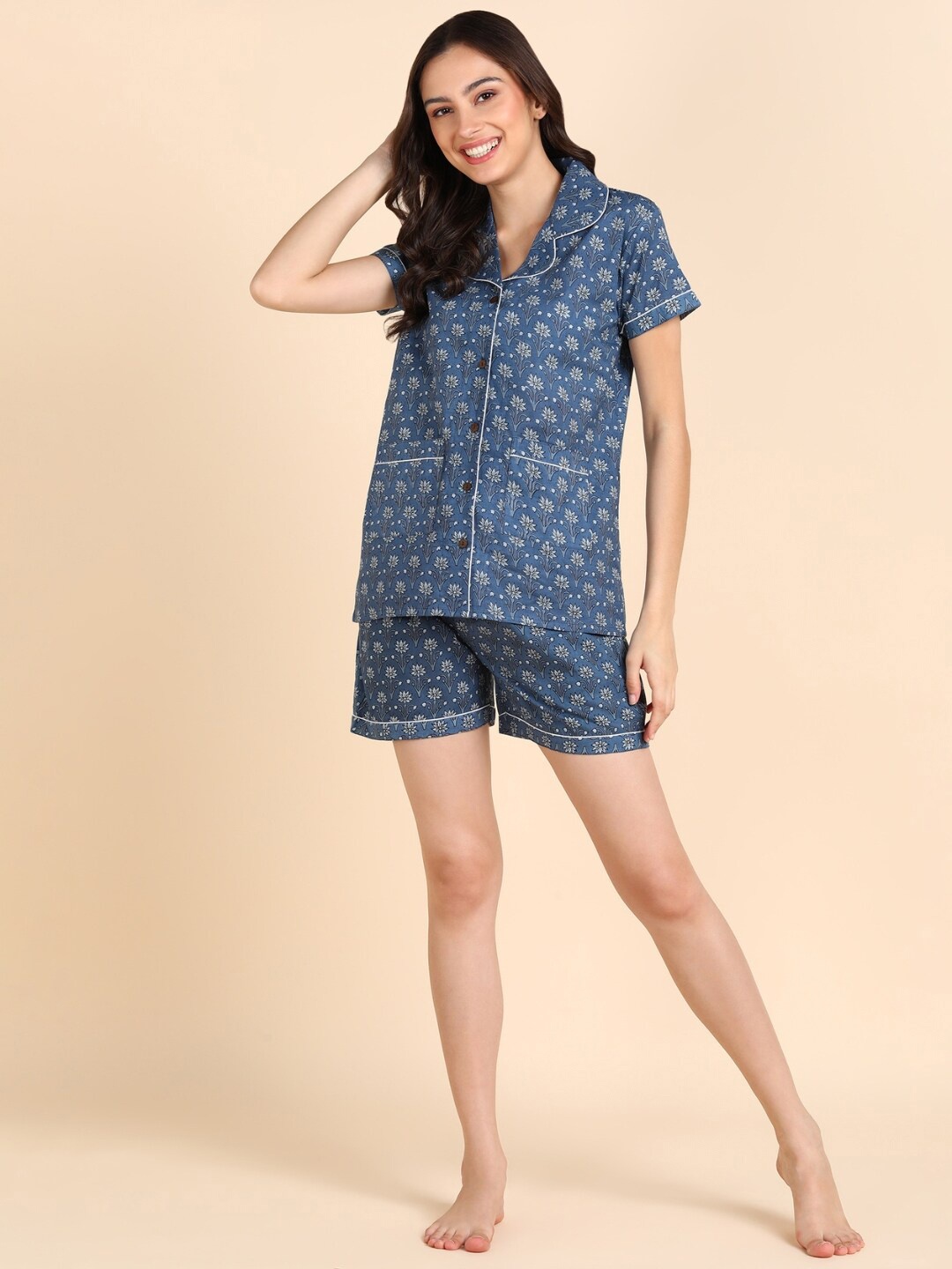 VEDANA Floral Printed Lapel Collar Pure Cotton Night Suit, Blue