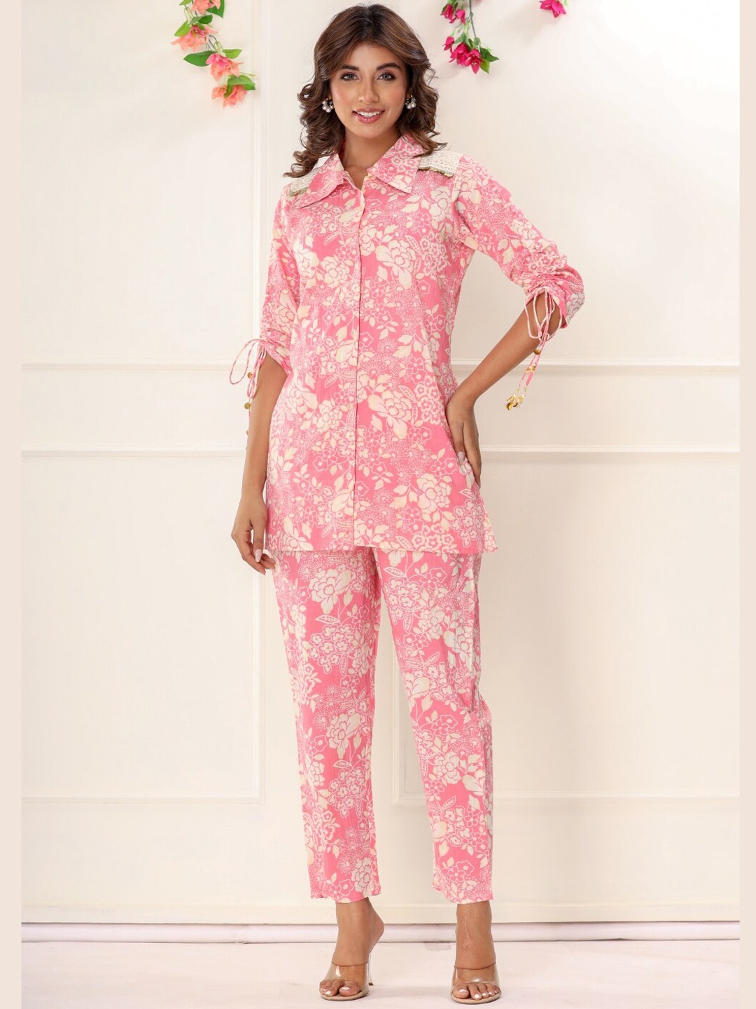 

VEDANA Printed Pure Cotton Shirt With Trousers Co-Ords, Pink
