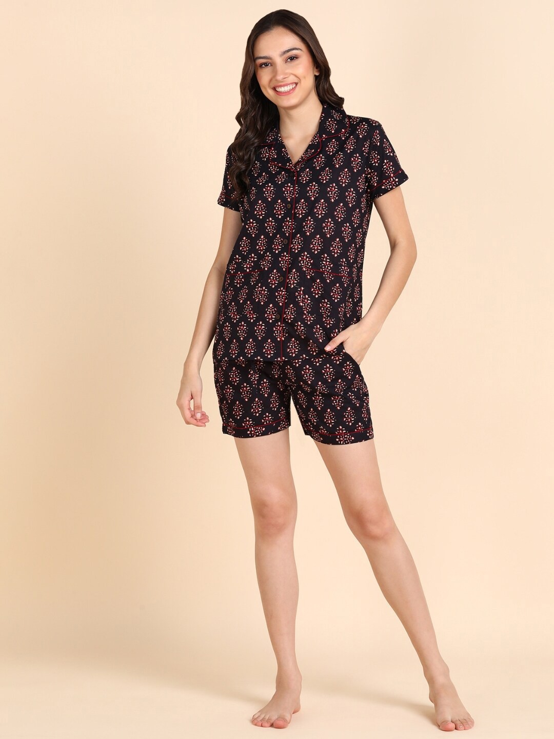 

VEDANA Floral Printed Lapel Collar Pure Cotton Night Suit, Black