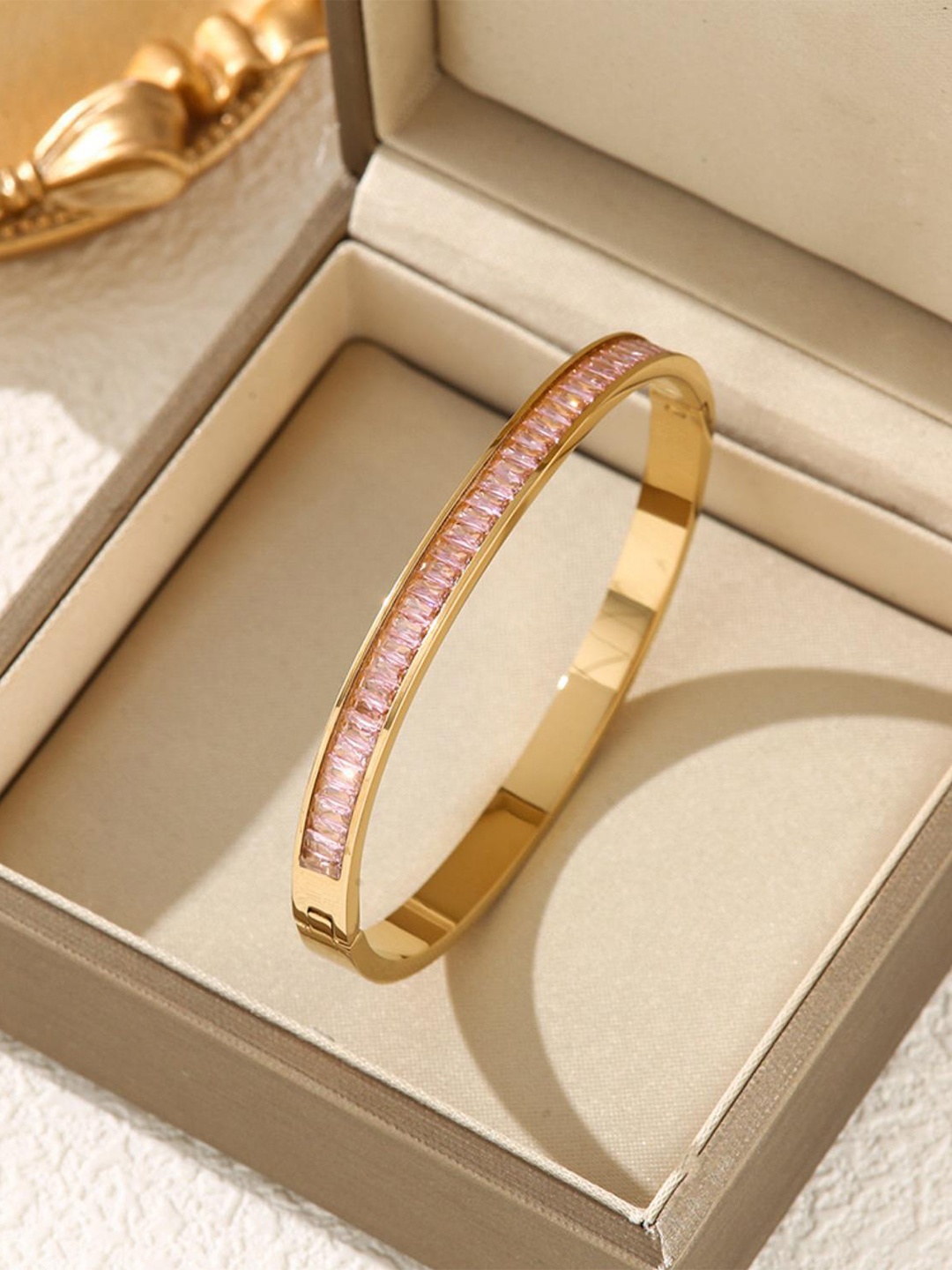 

MYKI Women Pink Cubic Zirconia Gold-Plated Kada Bracelet