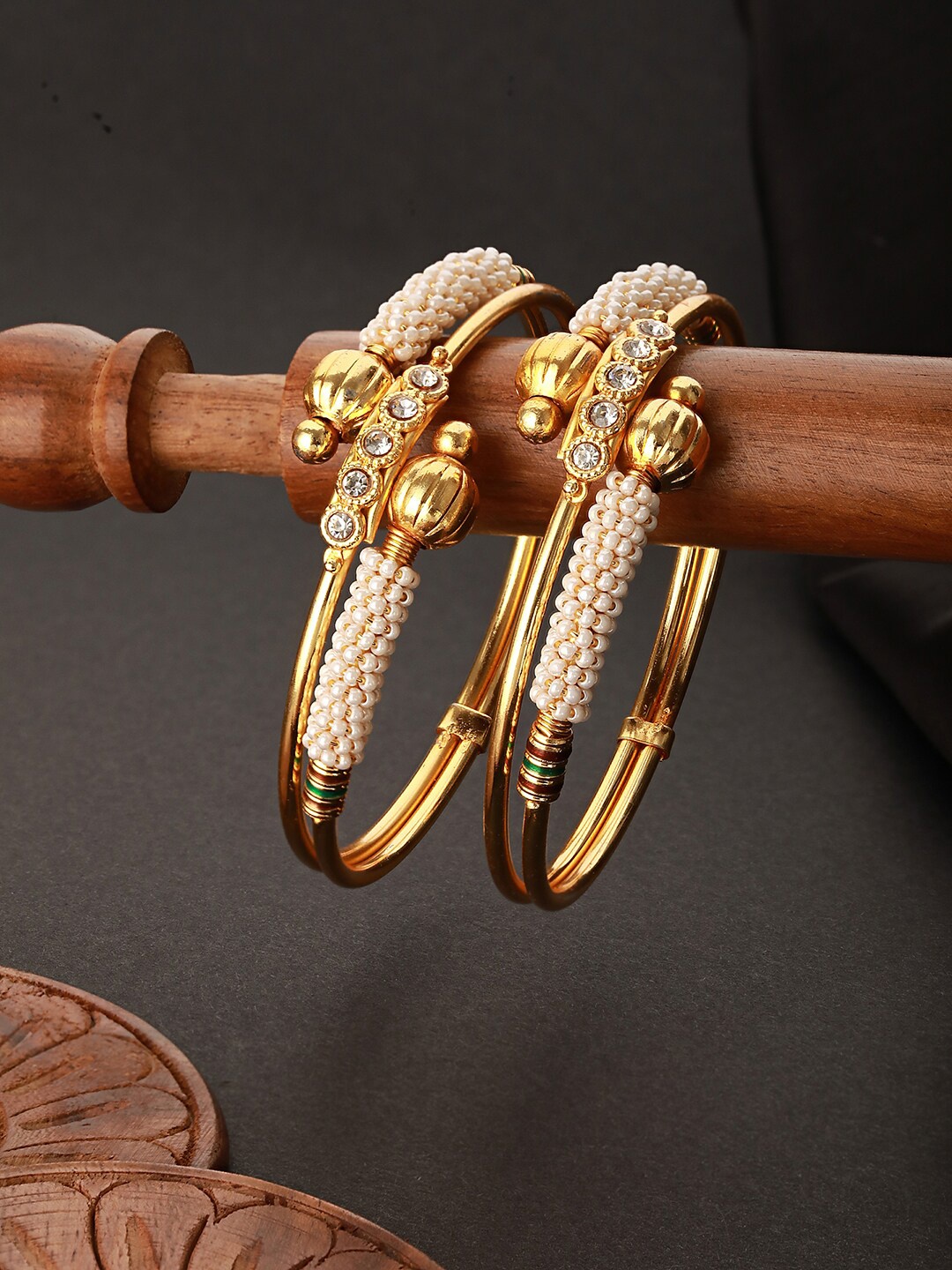 

Jazz and Sizzle Set Of 2 Gold-Plated CZ-Studded Pearls Beaded Bangles