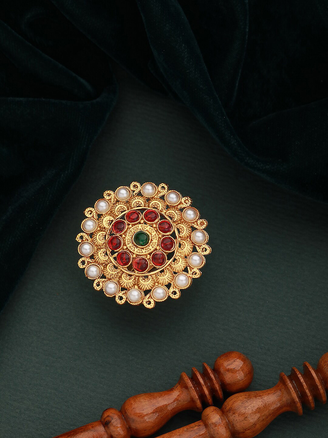 

Jazz and Sizzle Gold Plated Stone Studded & Beaded Antique Adjustable Finger Ring
