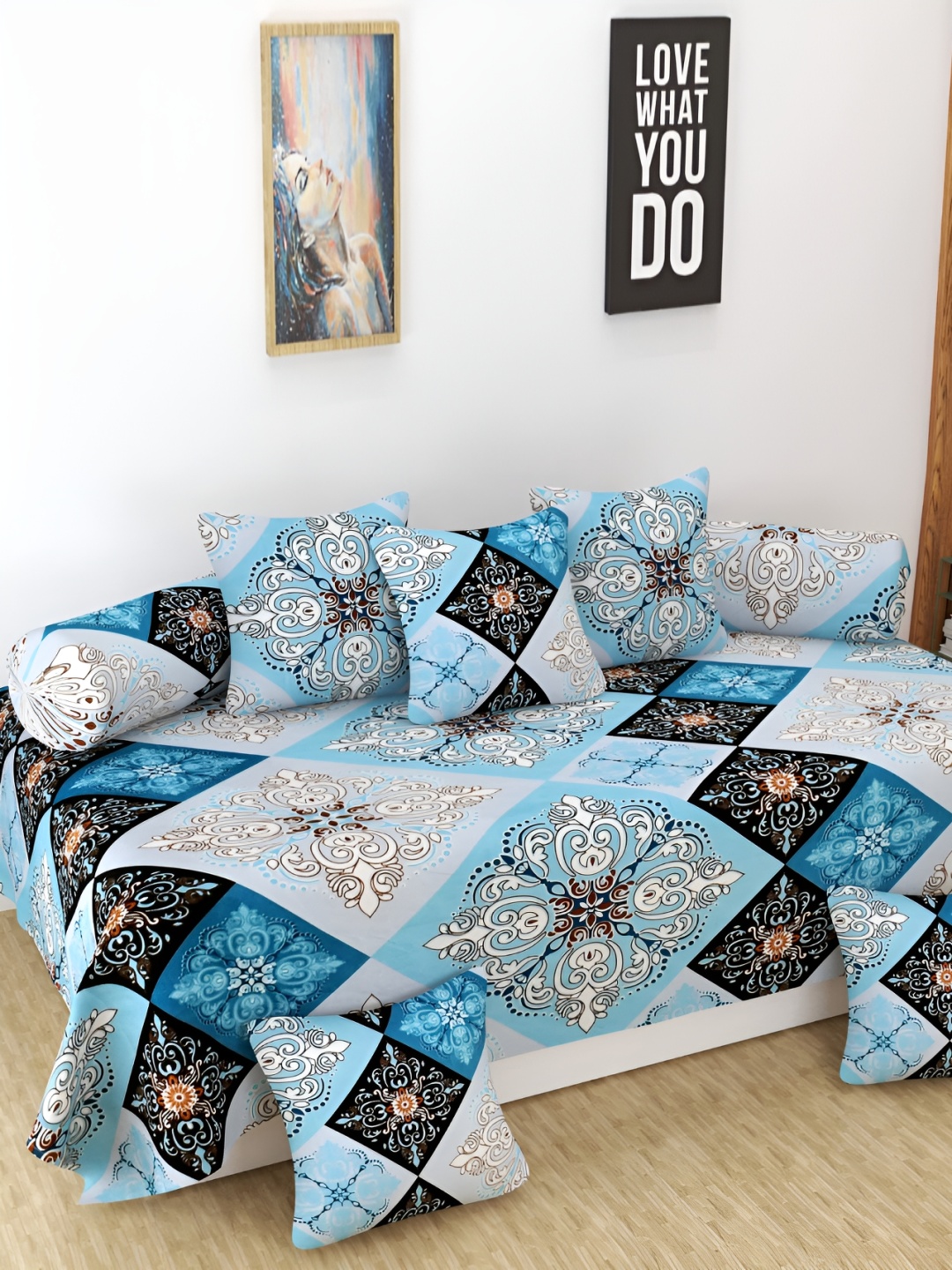 

DECOR VATIKA Black & White 8 Pieces Ethnic Motifs Printed Diwan Set, Blue