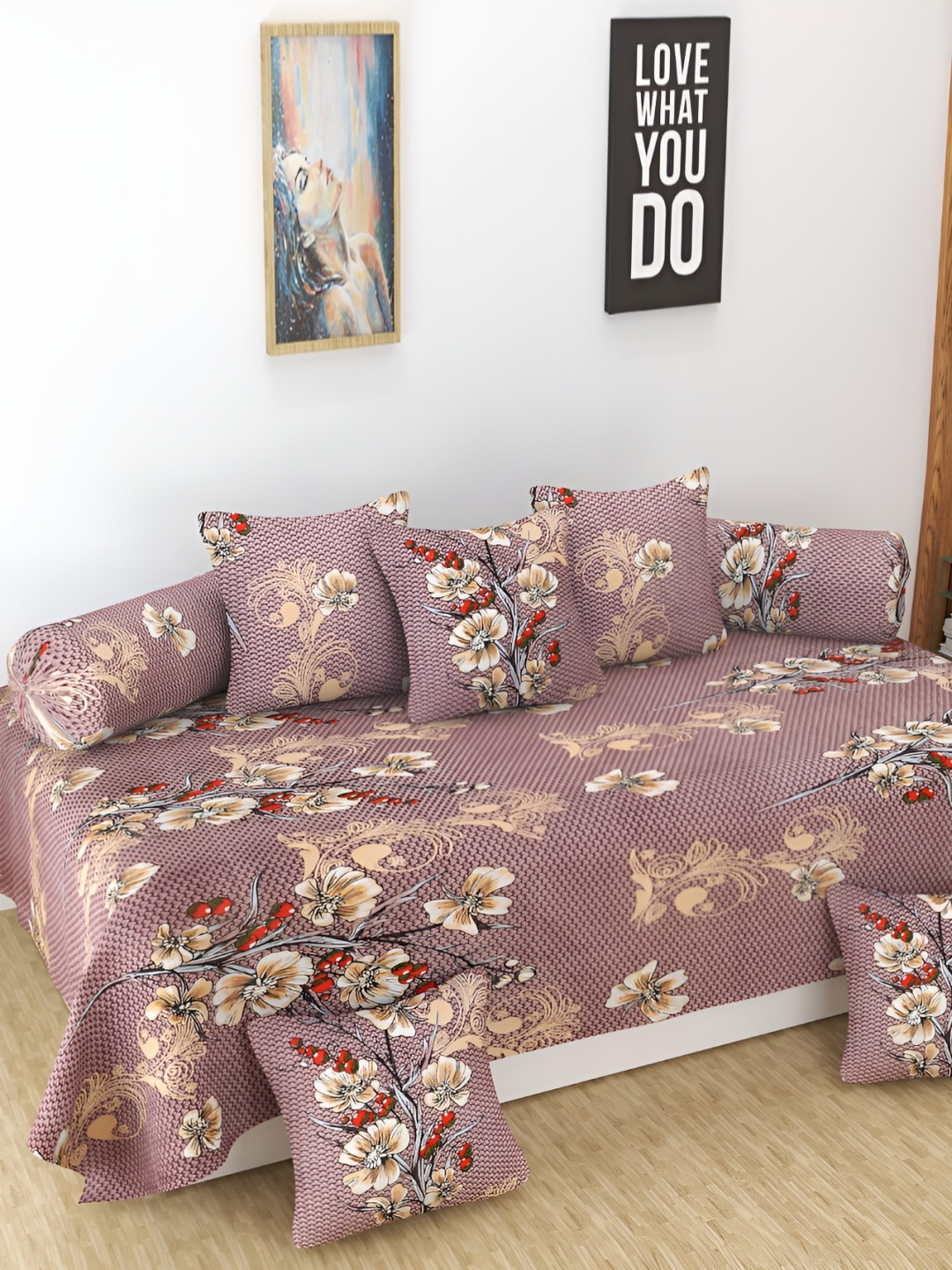 DECOR VATIKA Brown 8 Pieces Brown Printed Diwan Set