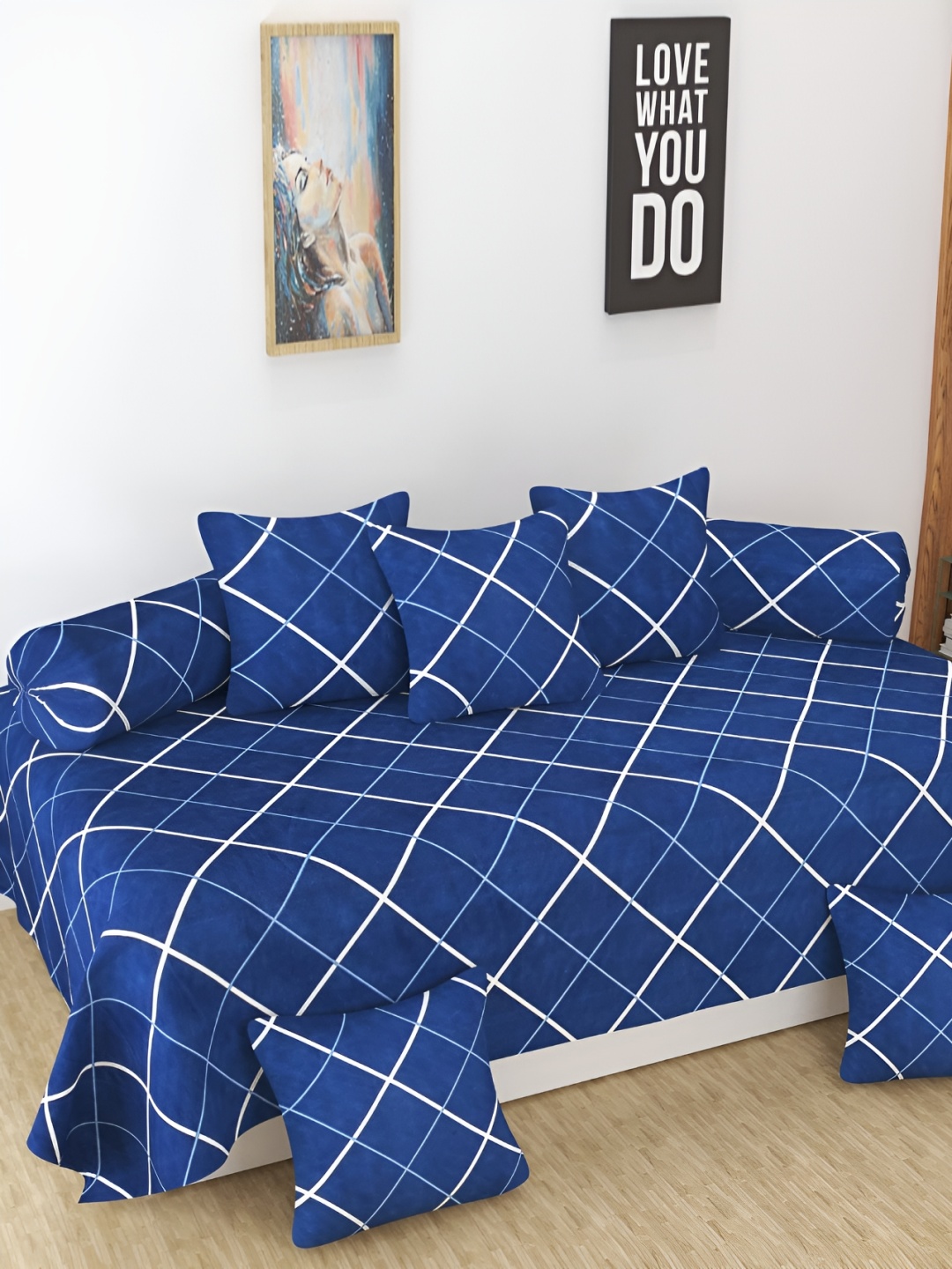 

DECOR VATIKA 8 Pieces Blue Checked Diwan Set