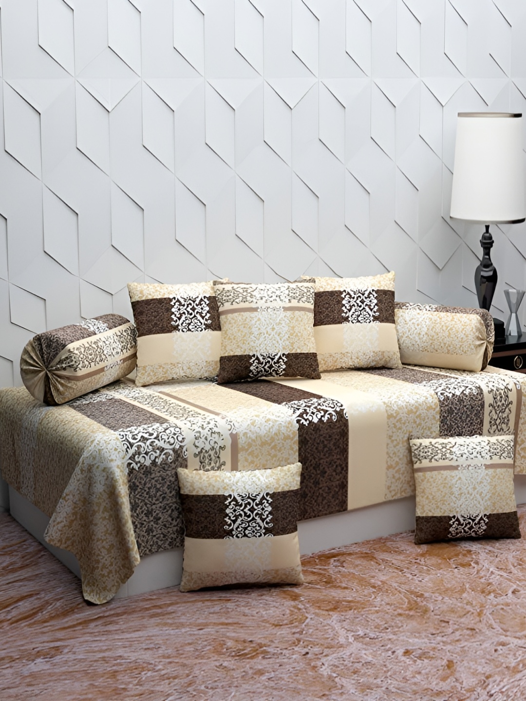 

DECOR VATIKA Brown & White 8 Pieces Ethnic Motifs Printed Diwan Set, Gold