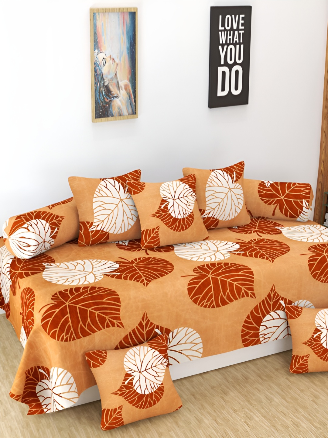 DECOR VATIKA Brown & White 8 Pieces Floral Printed Diwan Set