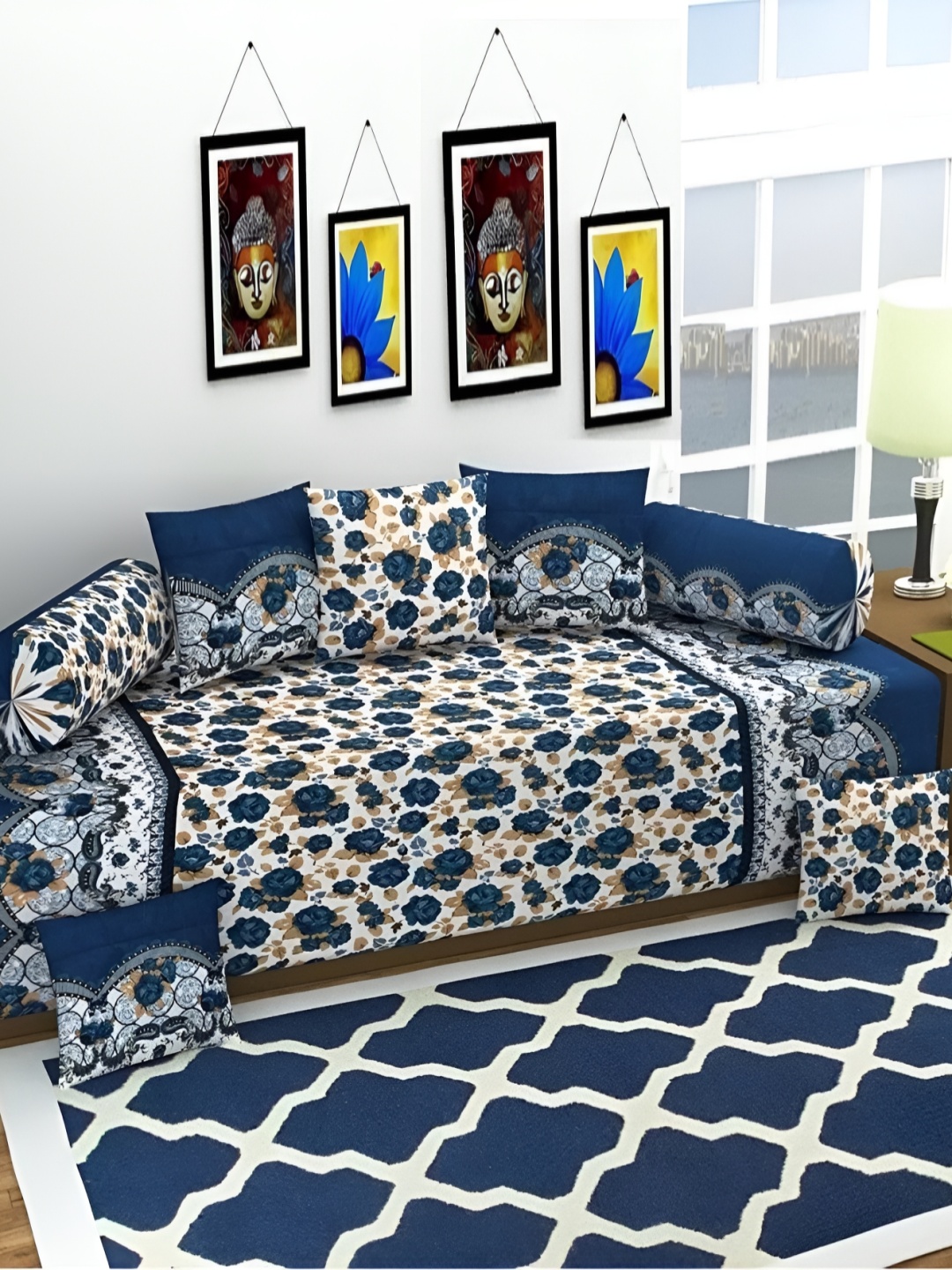 DECOR VATIKA Blue 8 Pieces Floral Diwan Set