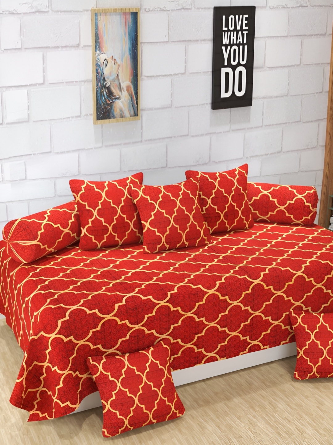 

DECOR VATIKA Red & Beige 8 Pieces Geometric Diwan Set
