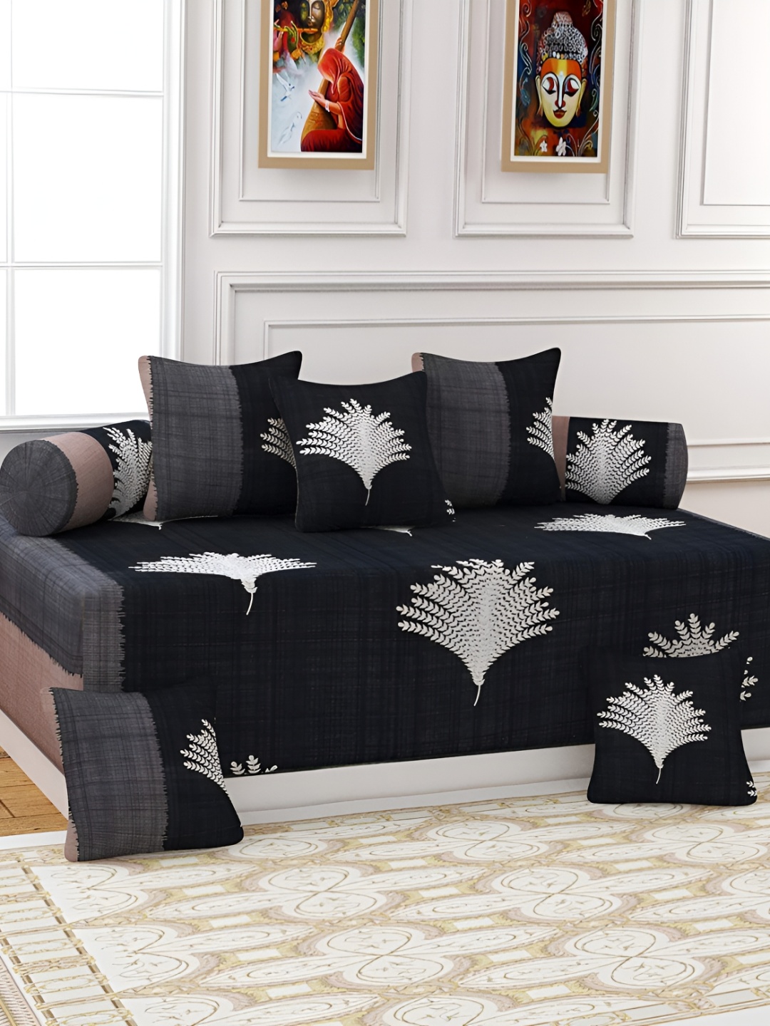 

DECOR VATIKA Grey & Black 8 Pieces Geometric Diwan Set