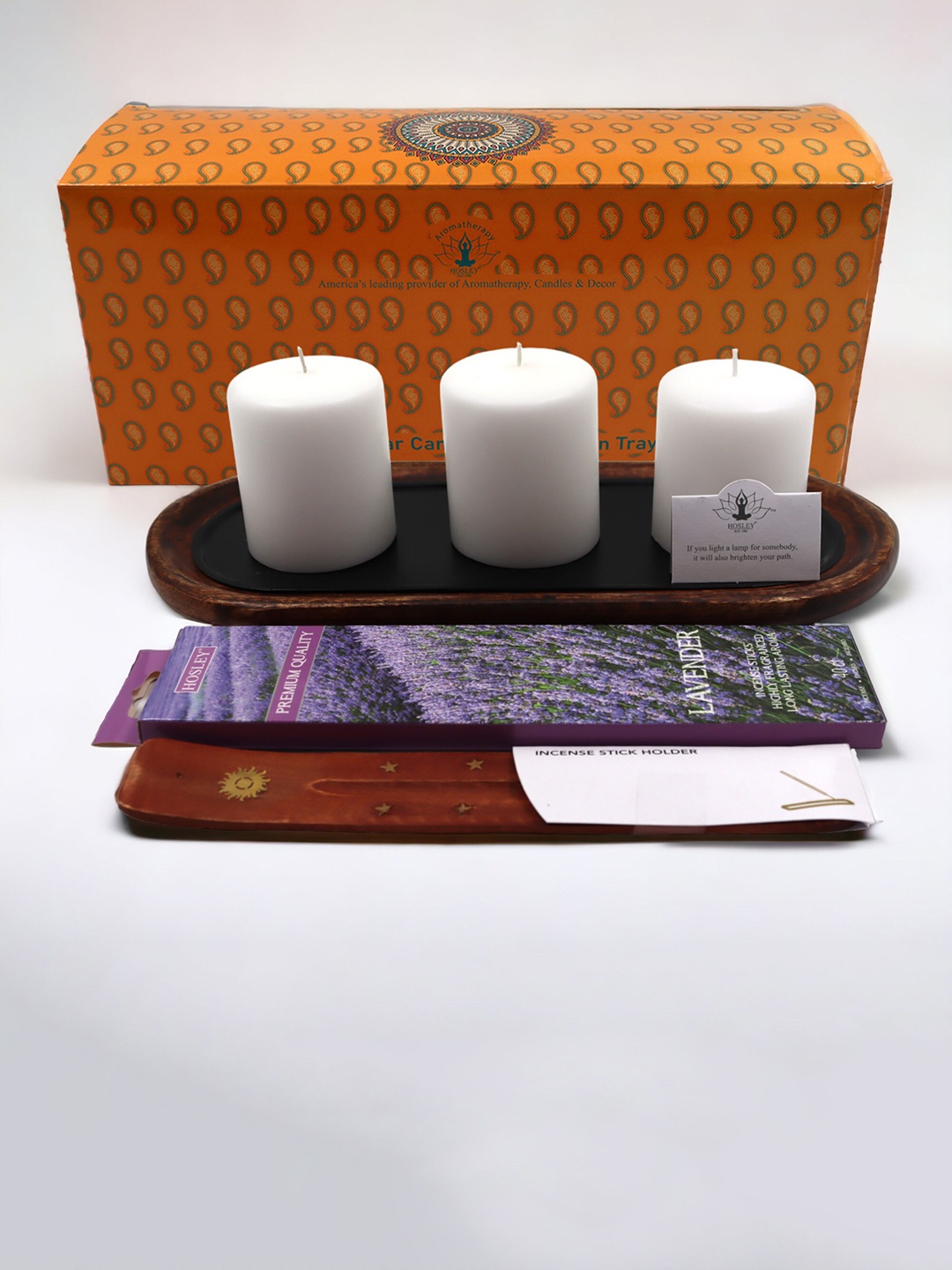 

HOSLEY White 3 Pieces Unscented Pillar Candles with Wooden Tray And Box