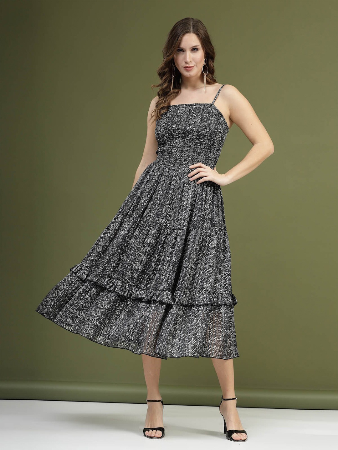 

plusS Black Abstract Printed Shoulder Straps Smocked Fit and Flare Midi Dress