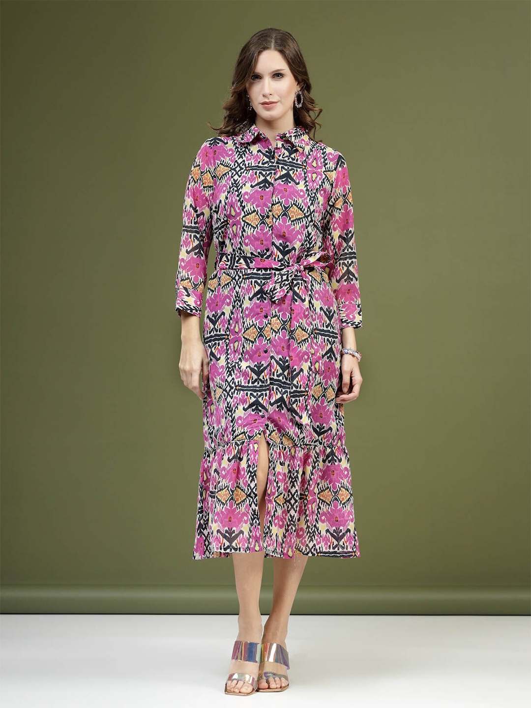 

plusS Violet Floral Printed Shirt Midi Dress