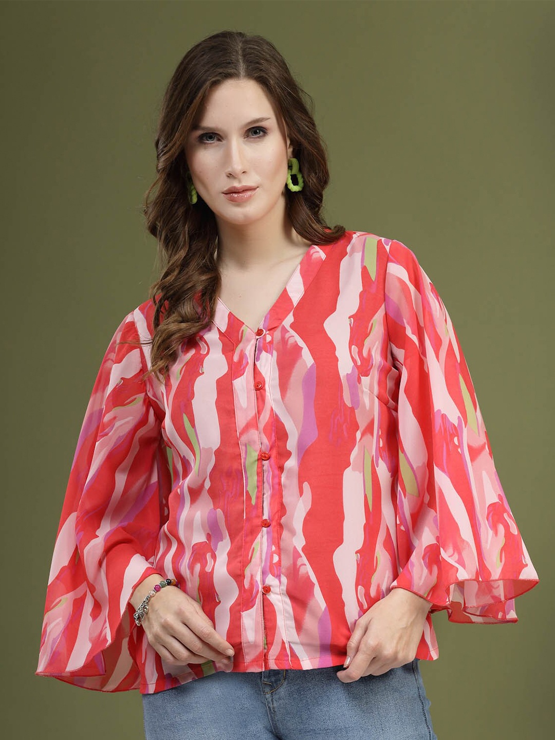 

plusS Pink Printed V-Neck Flared Sleeves Top