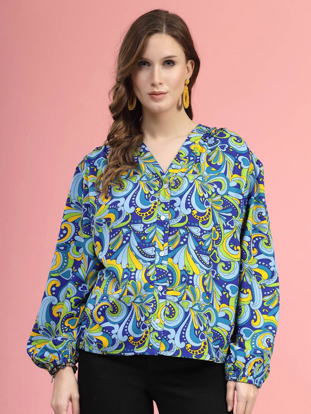 

plusS Blue & Green Ethnic Motifs Printed Shirt Style Top