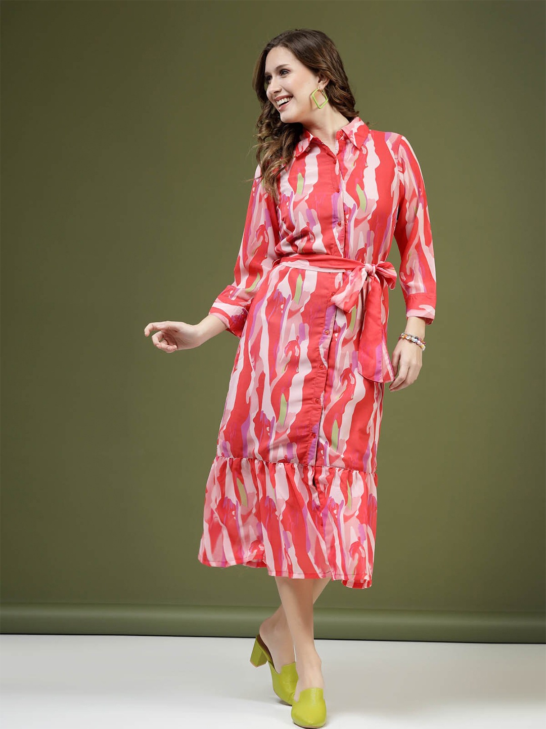 

plusS Pink Abstract Printed Shirt Midi Dress With Belt