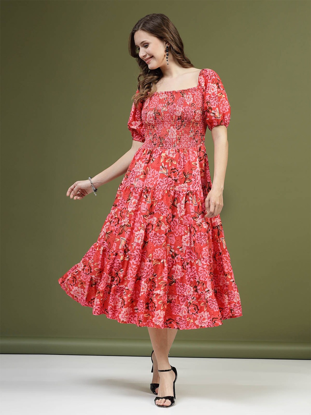 

plusS Red Floral Printed Square Neck Puff Sleeves Smocked Fit & Flare Midi Dress