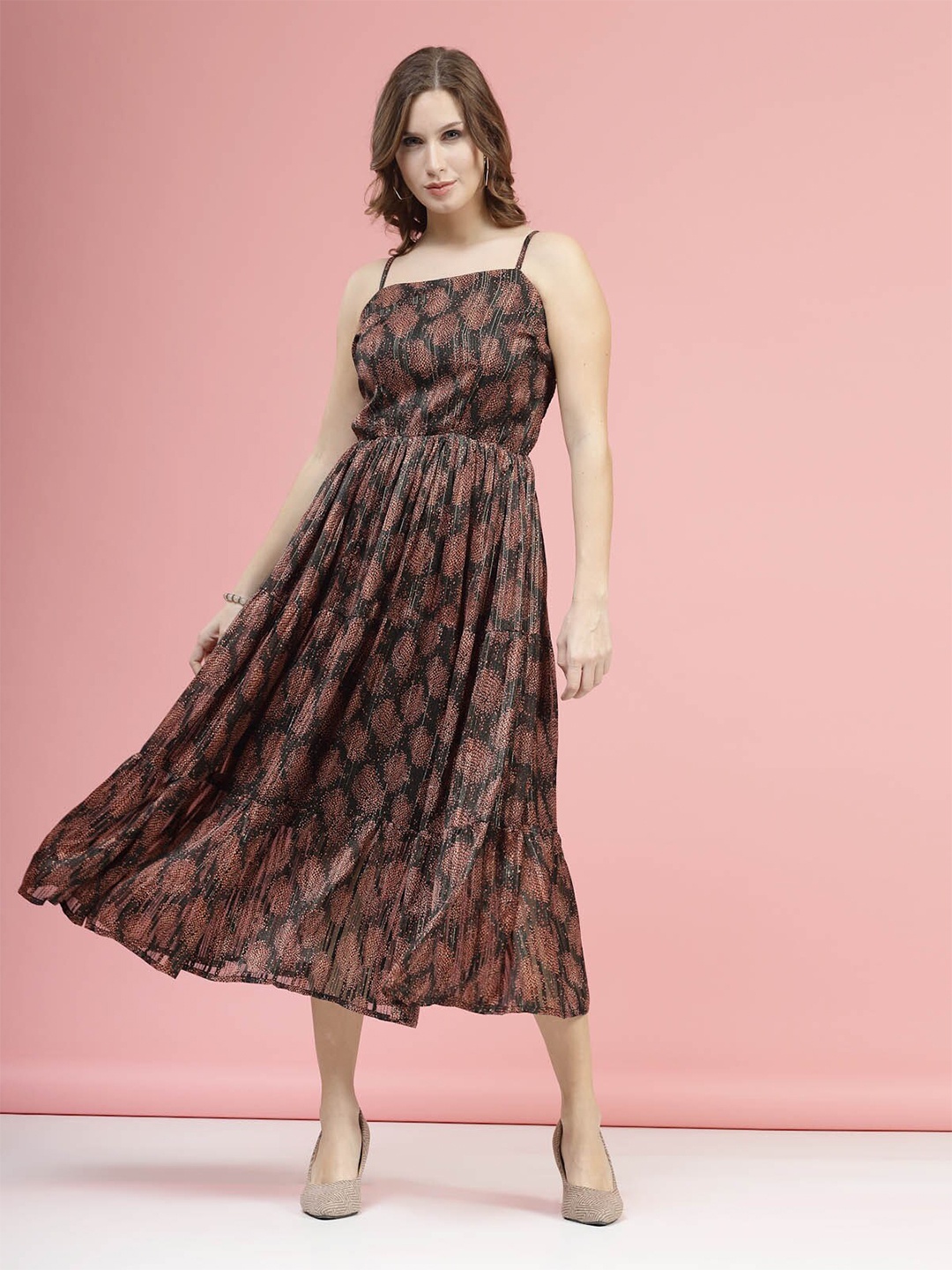 

plusS Brown Ethnic Motifs Printed Smocked Tiered A-Line Dress
