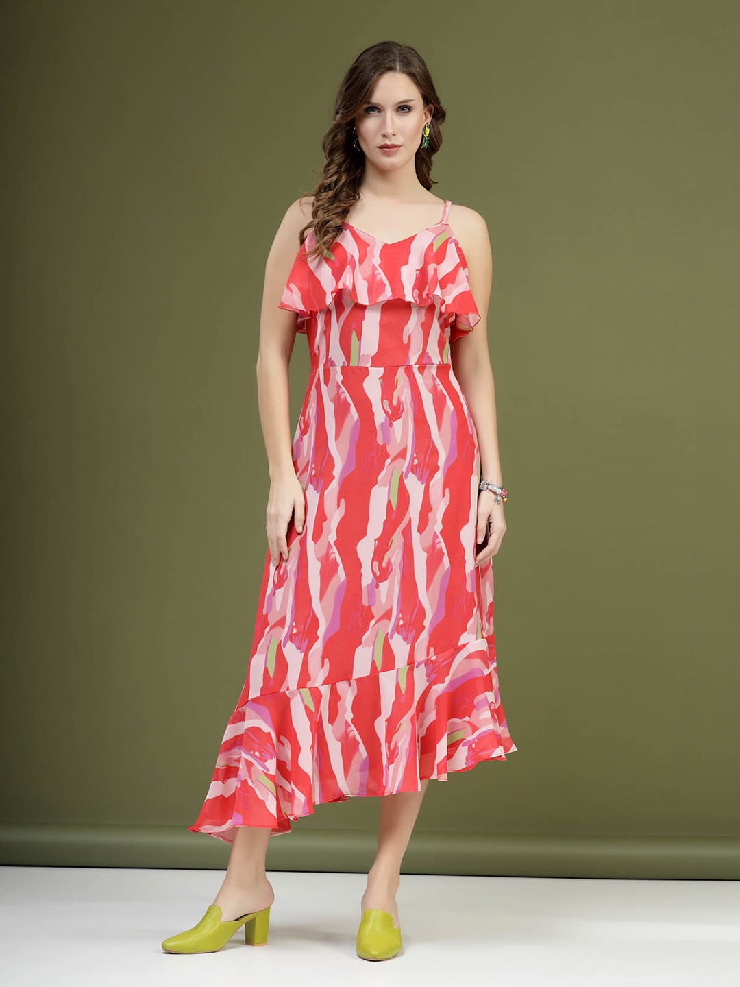 

plusS Abstract Printed Shoulder Straps A-Line Dress, Pink