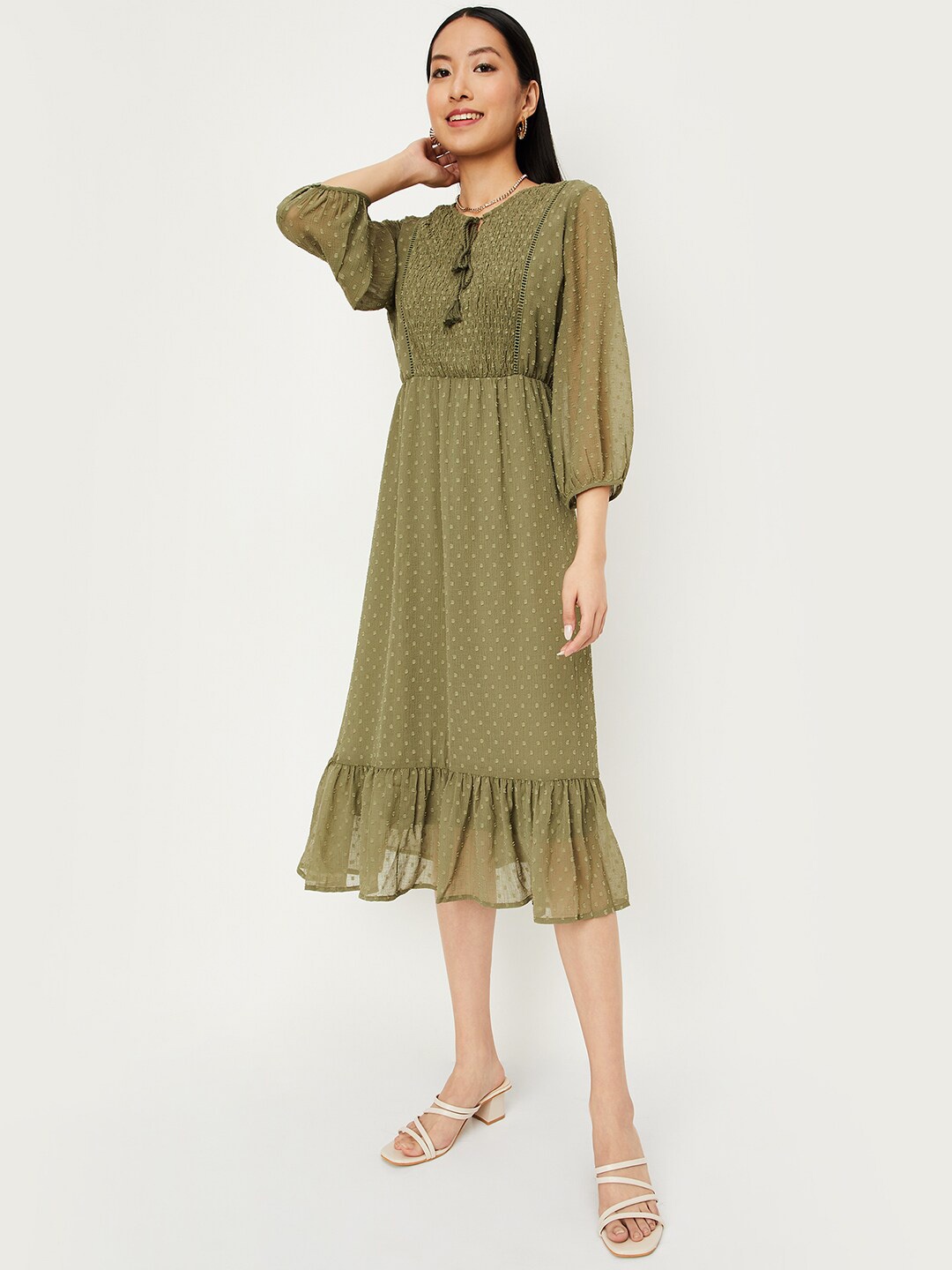 

max Self Design Tie-Up Neck Puff Sleeves A-line Dress, Olive