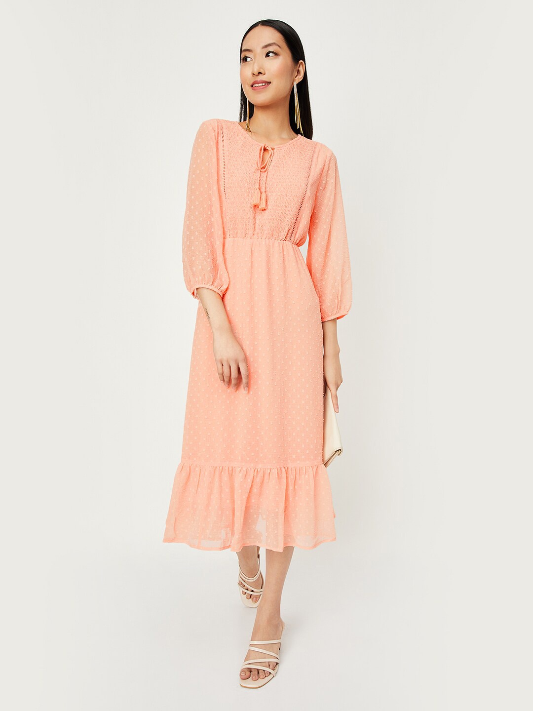 

max Self Design Tie Up Neck A-Line Dress, Orange