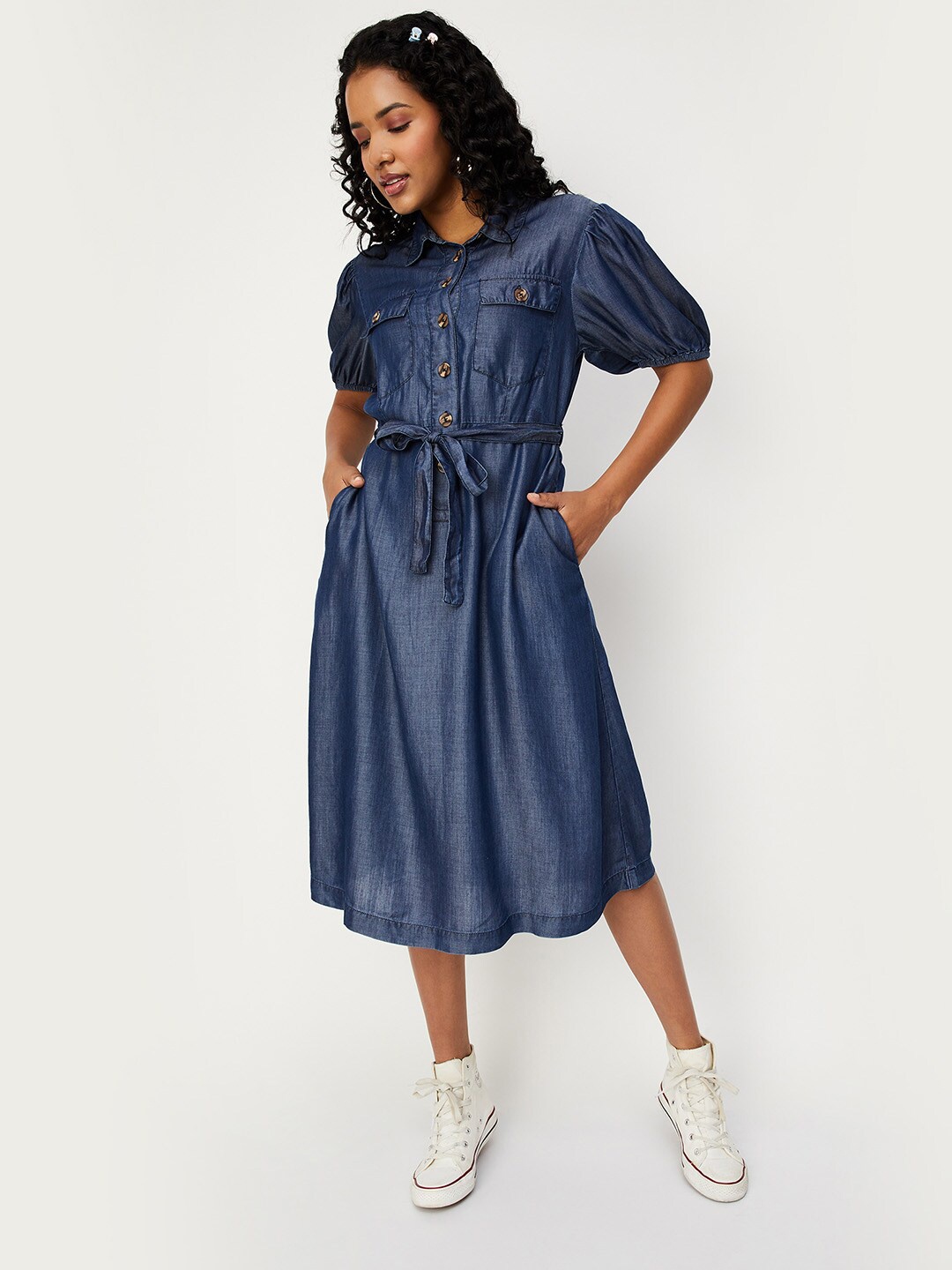 

max Shirt Collat Puff Sleeves A-Line Dress, Navy blue