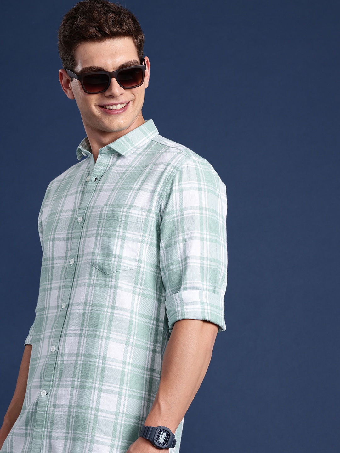 

Mast & Harbour Men Standard Checked Pure Cotton Casual Shirt, Sea green