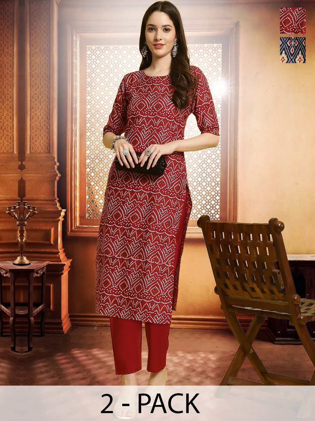 

arangya Selection Of 2 Ethnic Motifs Printed Regular Kurta with Trousers, Red