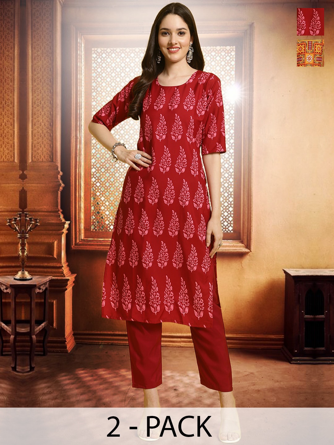 

arangya Selection Of 2 Ethnic Motifs Printed Regular Kurta with Trousers, Red