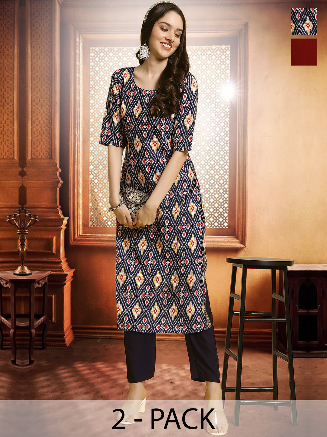 

arangya Selection Of 2 Ethnic Motifs Printed Straight Kurta with Trousers, Black