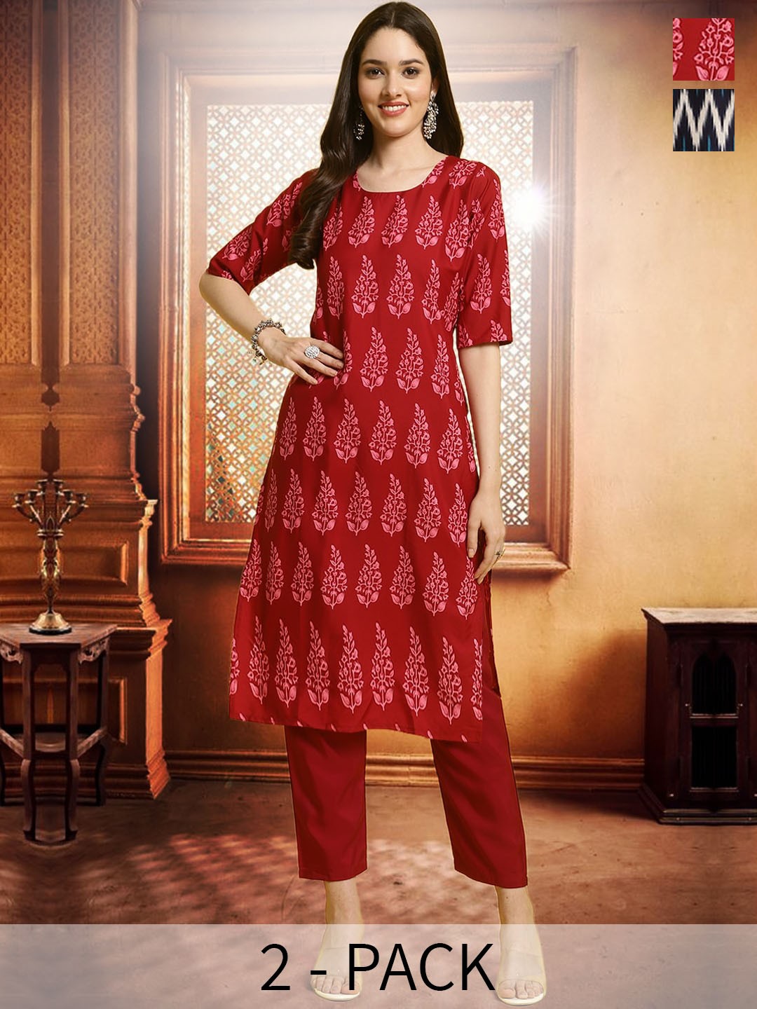 

arangya Selection Of 2 Ethnic Motifs Regular Kurtas with Trousers, Red