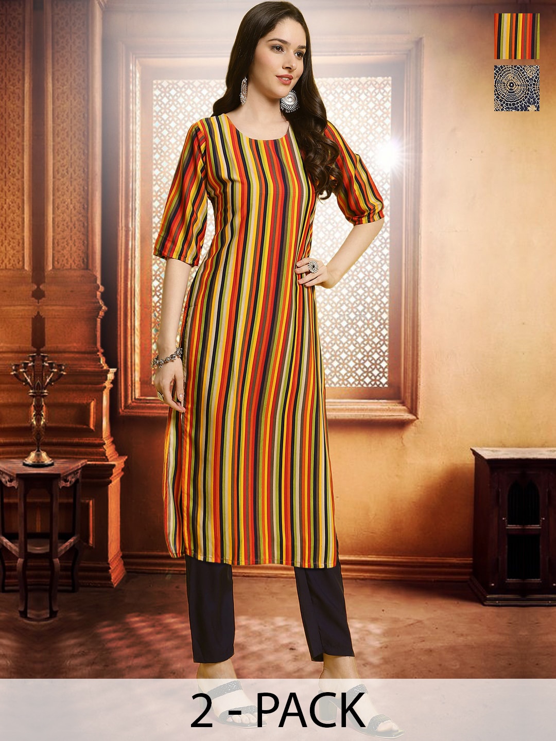 

arangya Selection Of 2 Ethnic Motifs Printed Straight Kurta with Trousers, Red