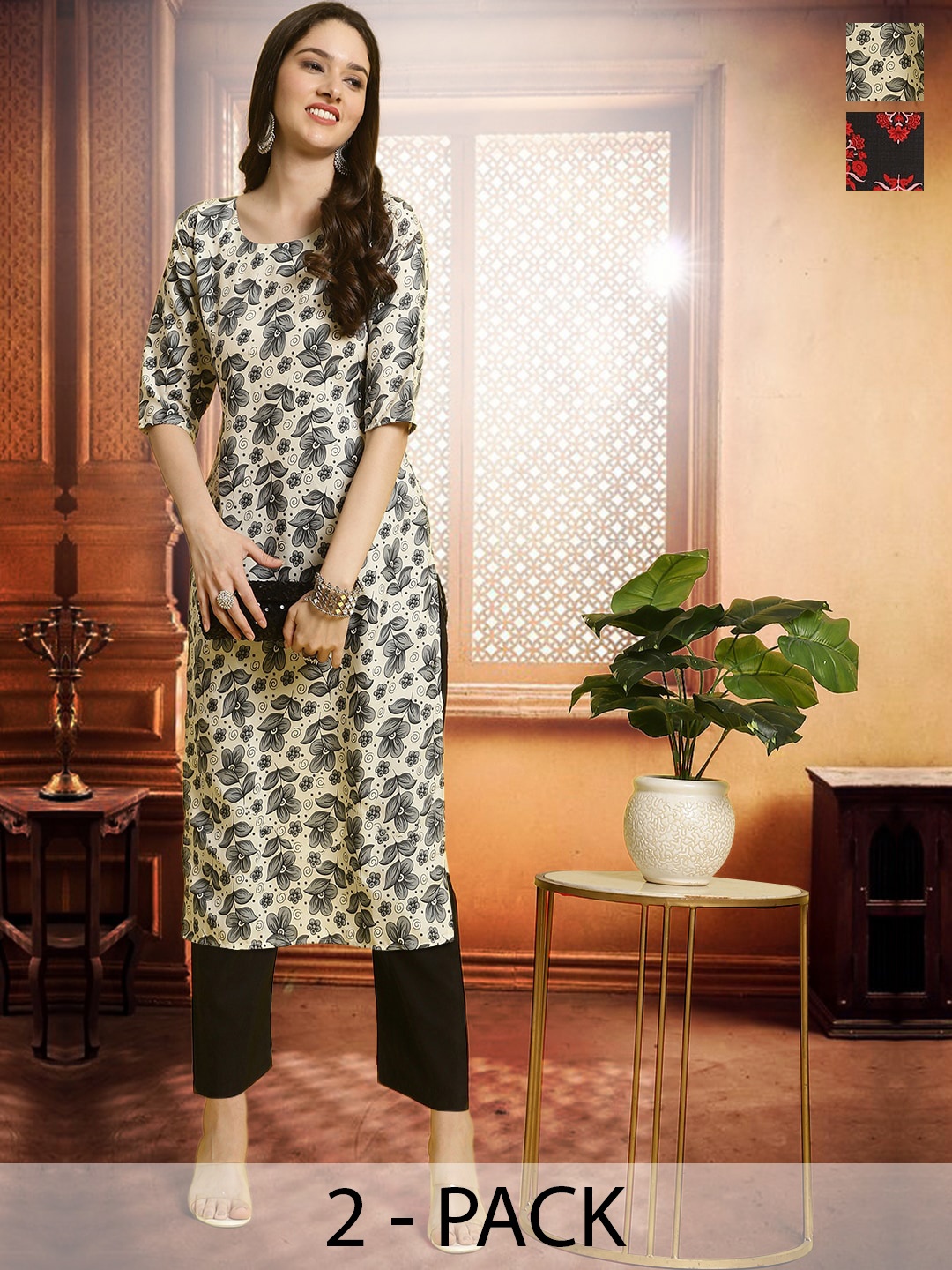 

arangya Selection Of 2 Ethnic Motifs Printed Regular Kurta with Trousers, Cream