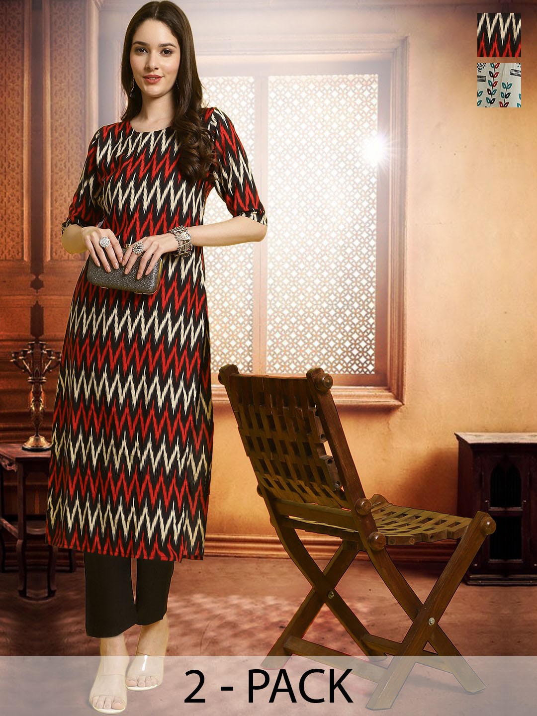

arangya Selection Of 2 Ethnic Motifs Regular Kurtas with Trousers, Red