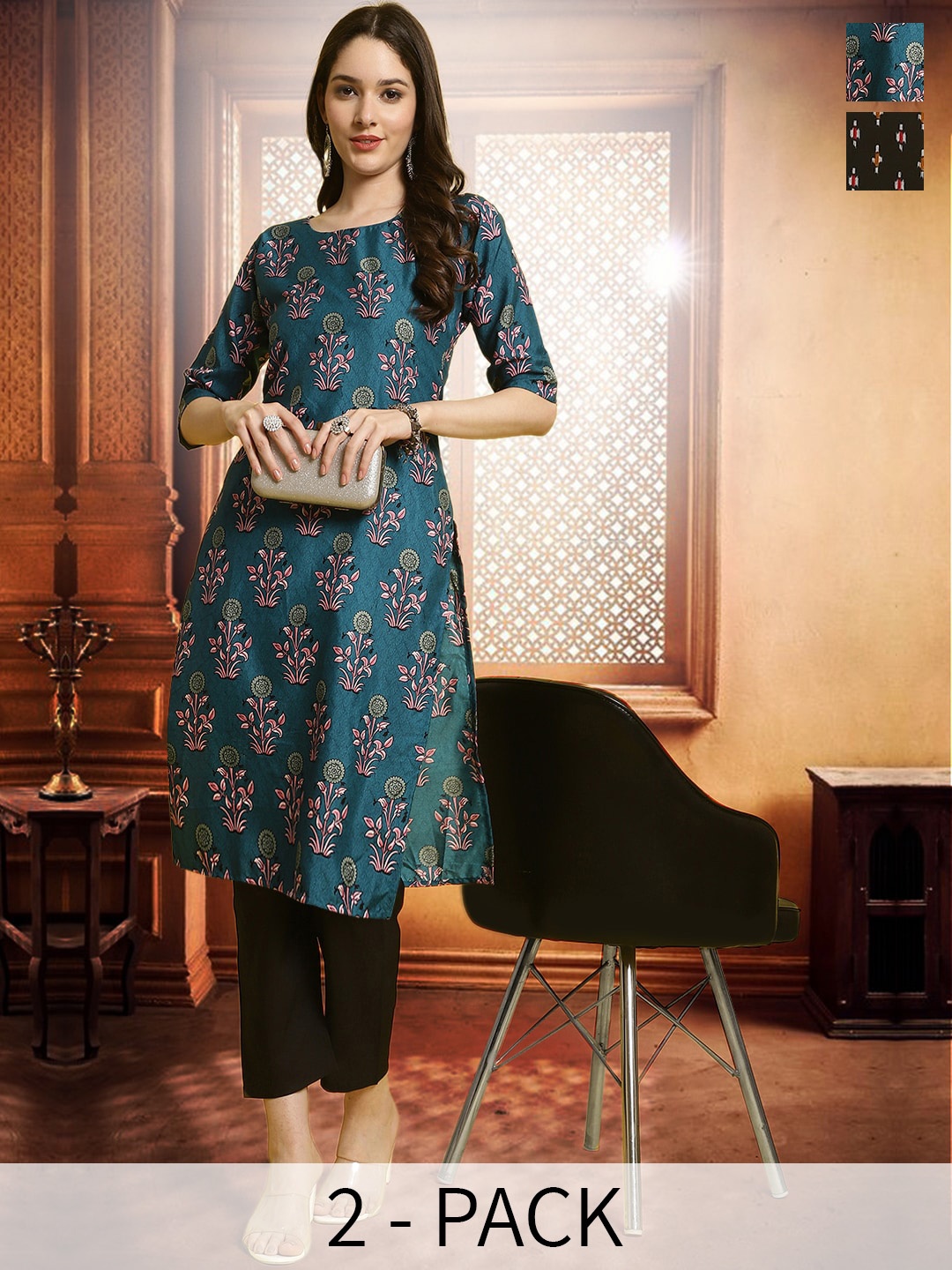 

arangya Selection Of 2 Ethnic Motifs Printed Regular Kurta with Trousers, Teal
