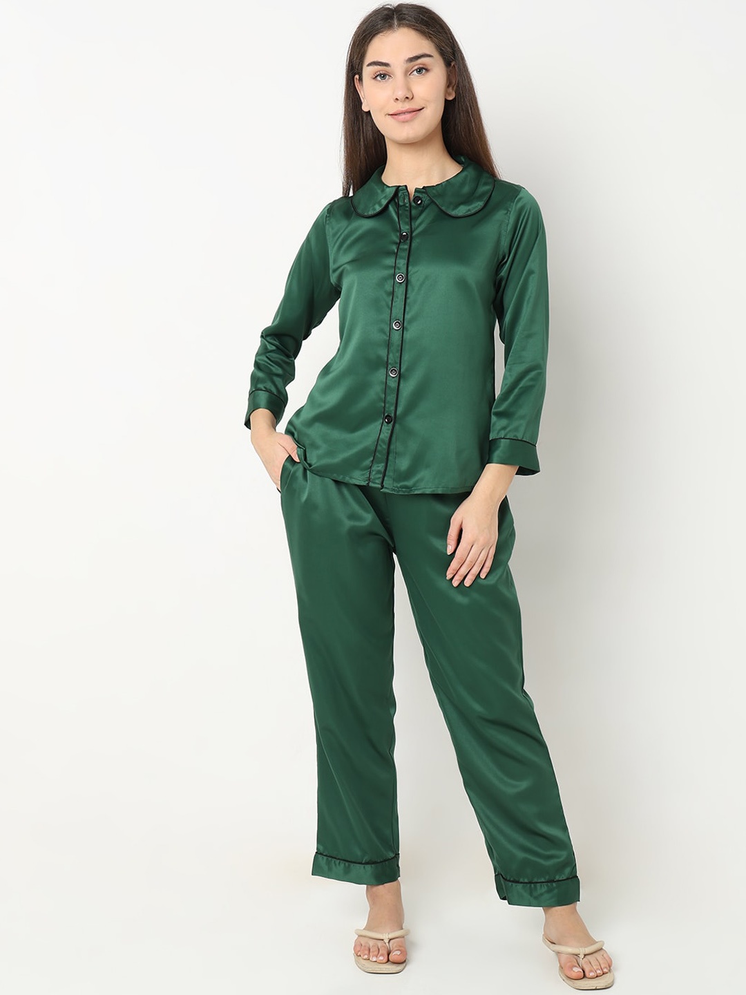 

Smarty Pants Shirt Collar Satin Night suit, Green
