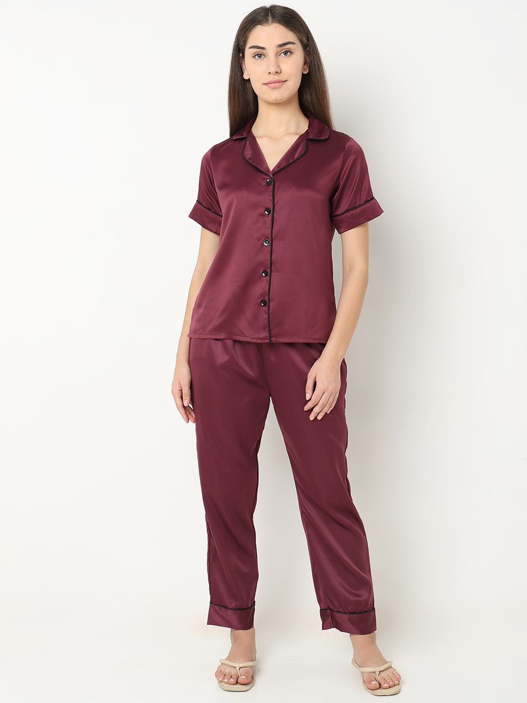 

Smarty Pants Lapel Collar Satin Night suit, Burgundy