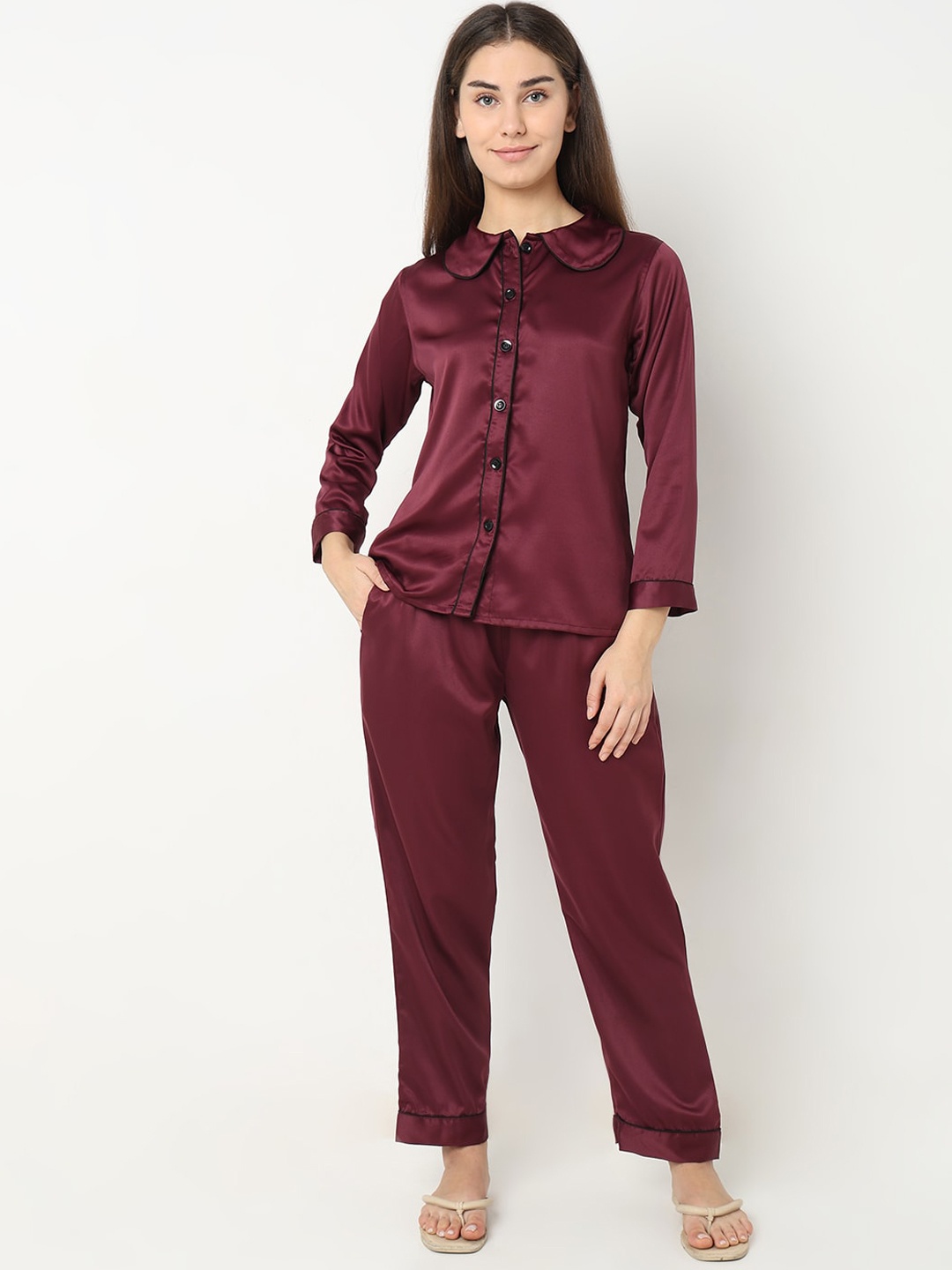 

Smarty Pants Shirt Collar Satin Night suit, Burgundy