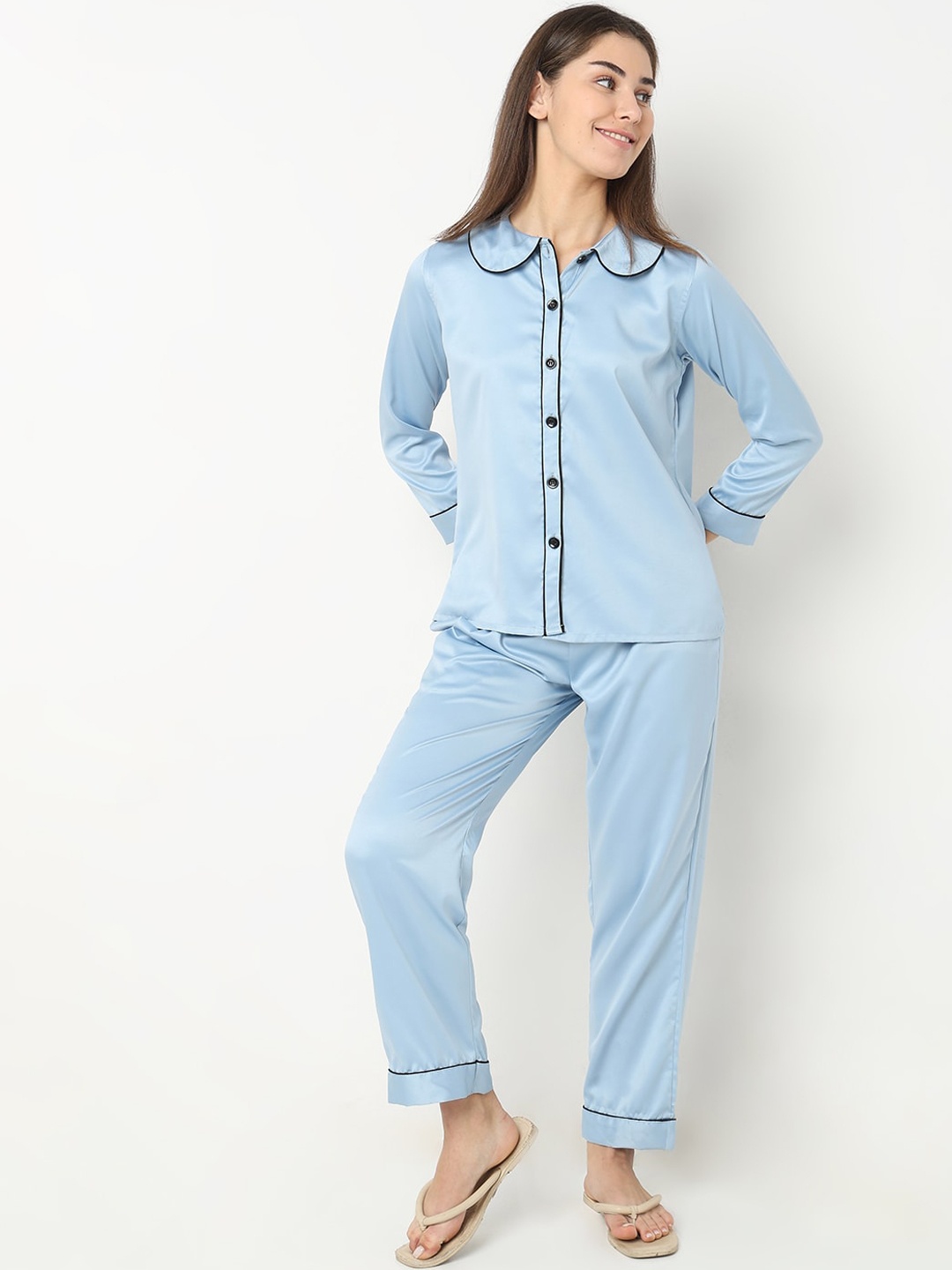 

Smarty Pants Silk Satin Shirt and Pyjama Night suit, Blue