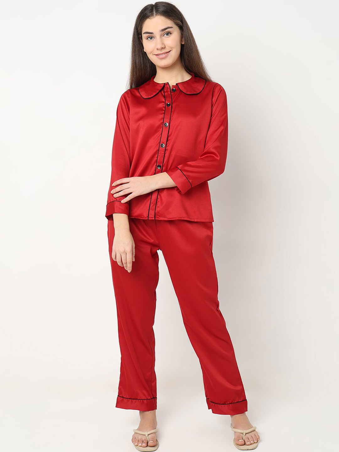 

Smarty Pants Peter Pan Collar Satin Night suit, Maroon