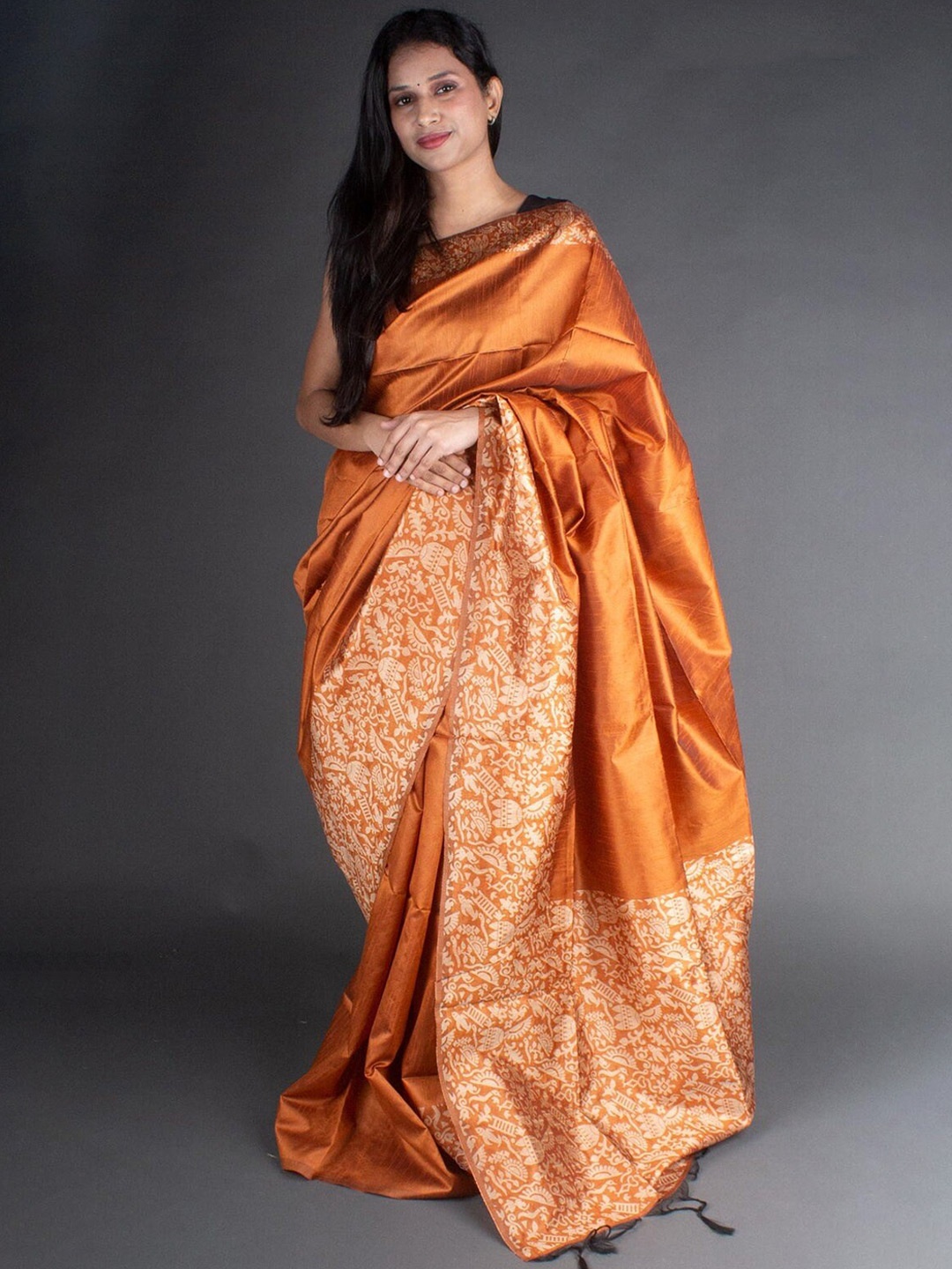 

VISHNU WEAVES Zari Bhagalpuri Saree, Orange