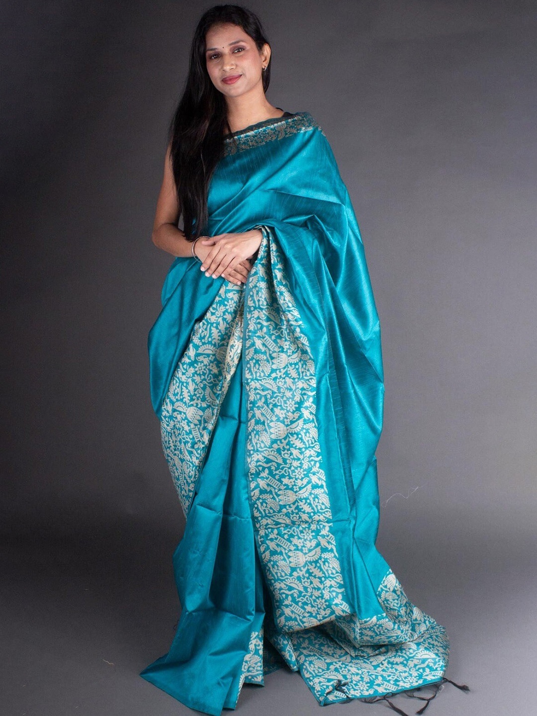 

VISHNU WEAVES Zari Bhagalpuri Saree, Turquoise blue