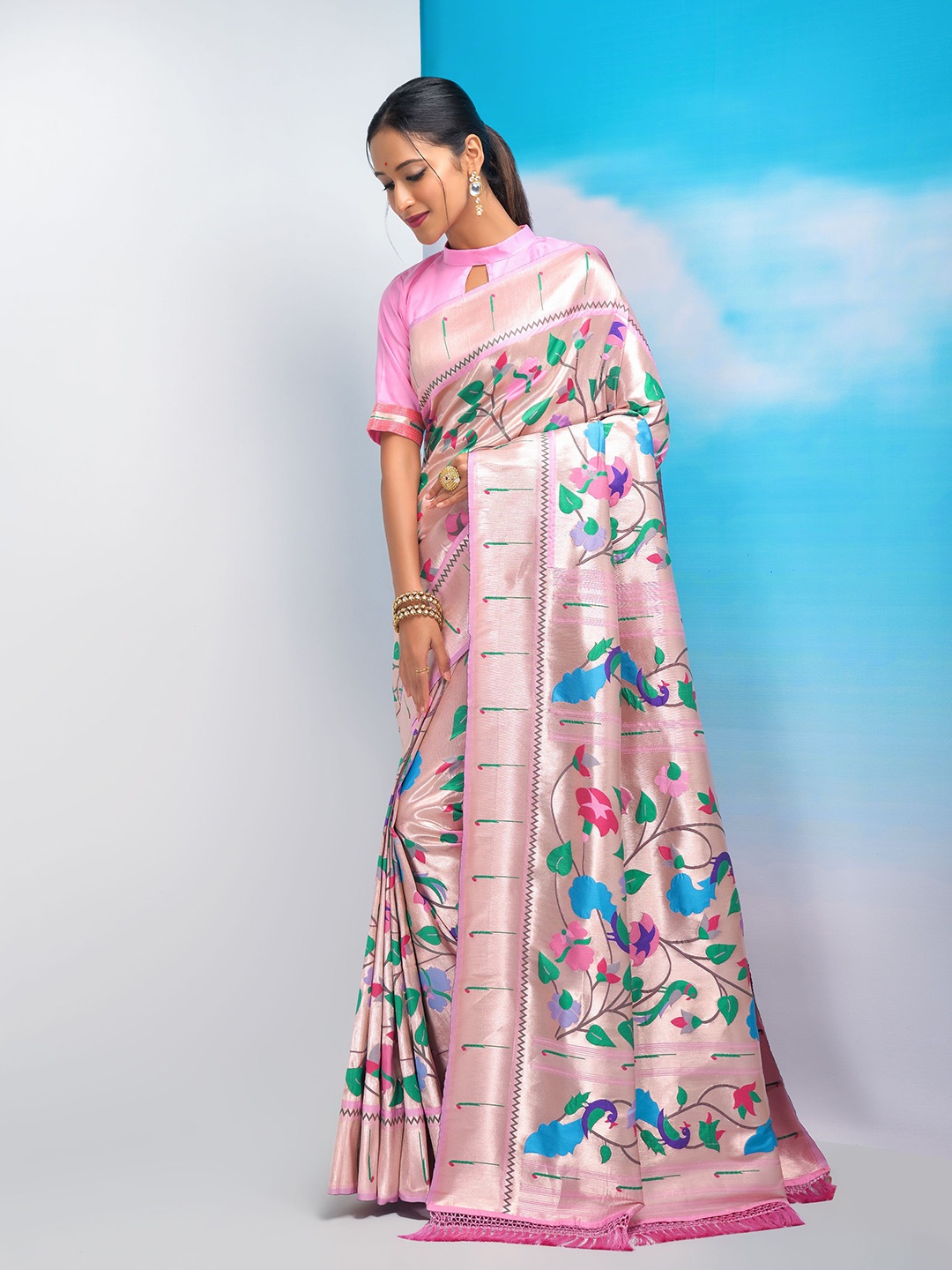 

VISHNU WEAVES Ethnic Motifs Woven Design Zari Pure Silk Paithani Saree, Pink