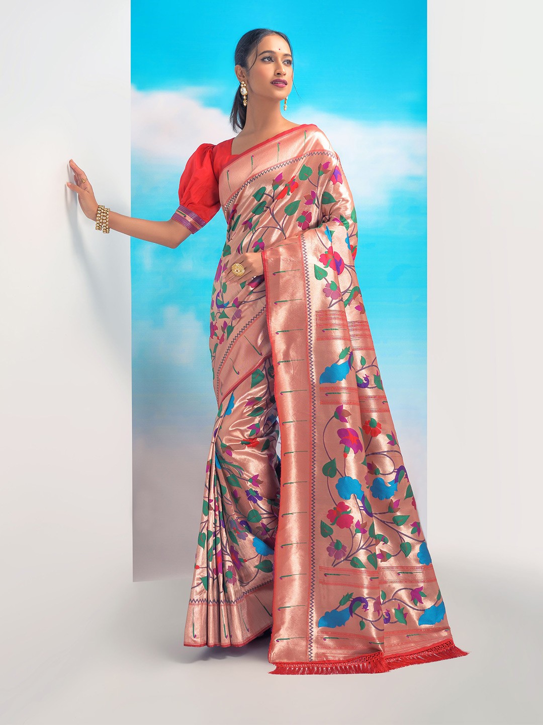 

VISHNU WEAVES Ethnic Motifs Woven Design Zari Pure Silk Paithani Saree, Red