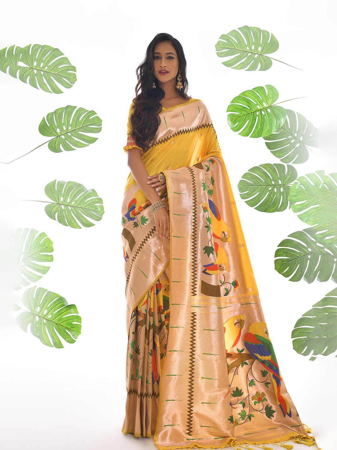 

VISHNU WEAVES Kalamkari Zari Pure Silk Designer Paithani Saree, Yellow