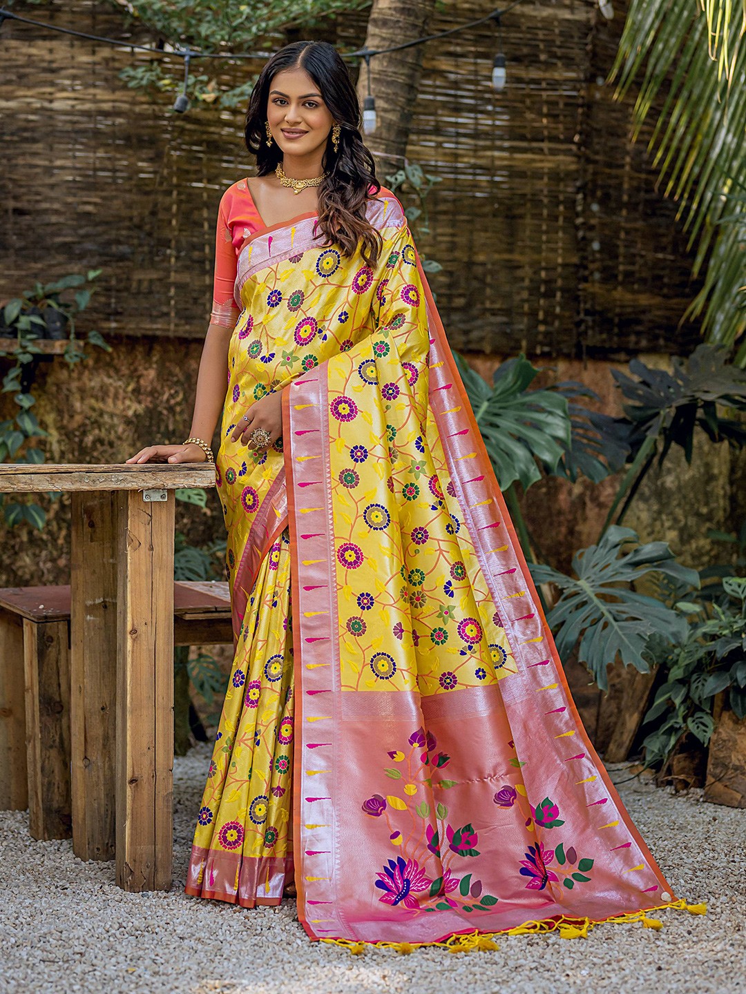 

VISHNU WEAVES Ethnic Motifs Zari Pure Silk Designer Paithani Saree, Yellow
