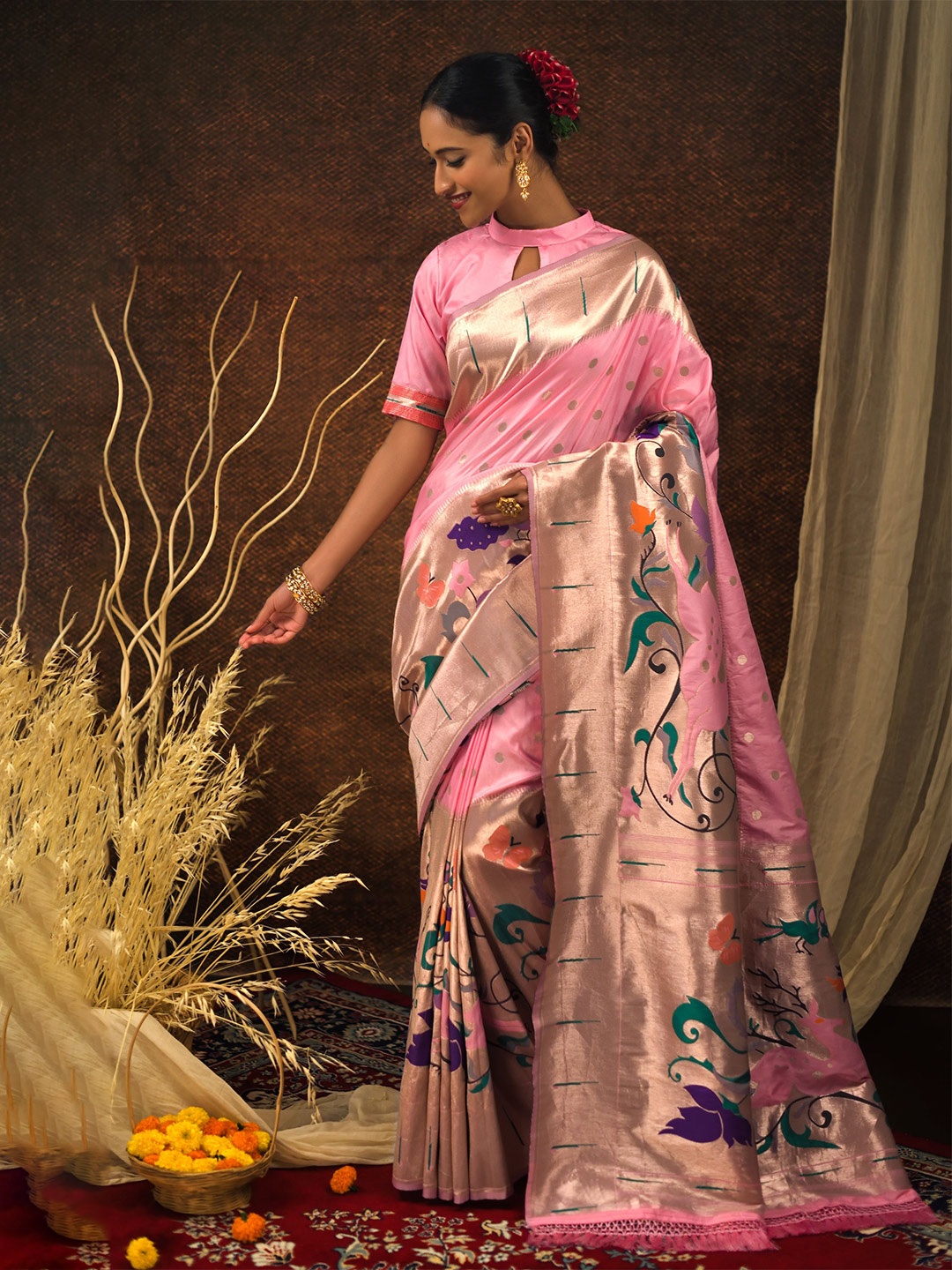 

VISHNU WEAVES Kalamkari Zari Pure Silk Designer Paithani Saree, Pink